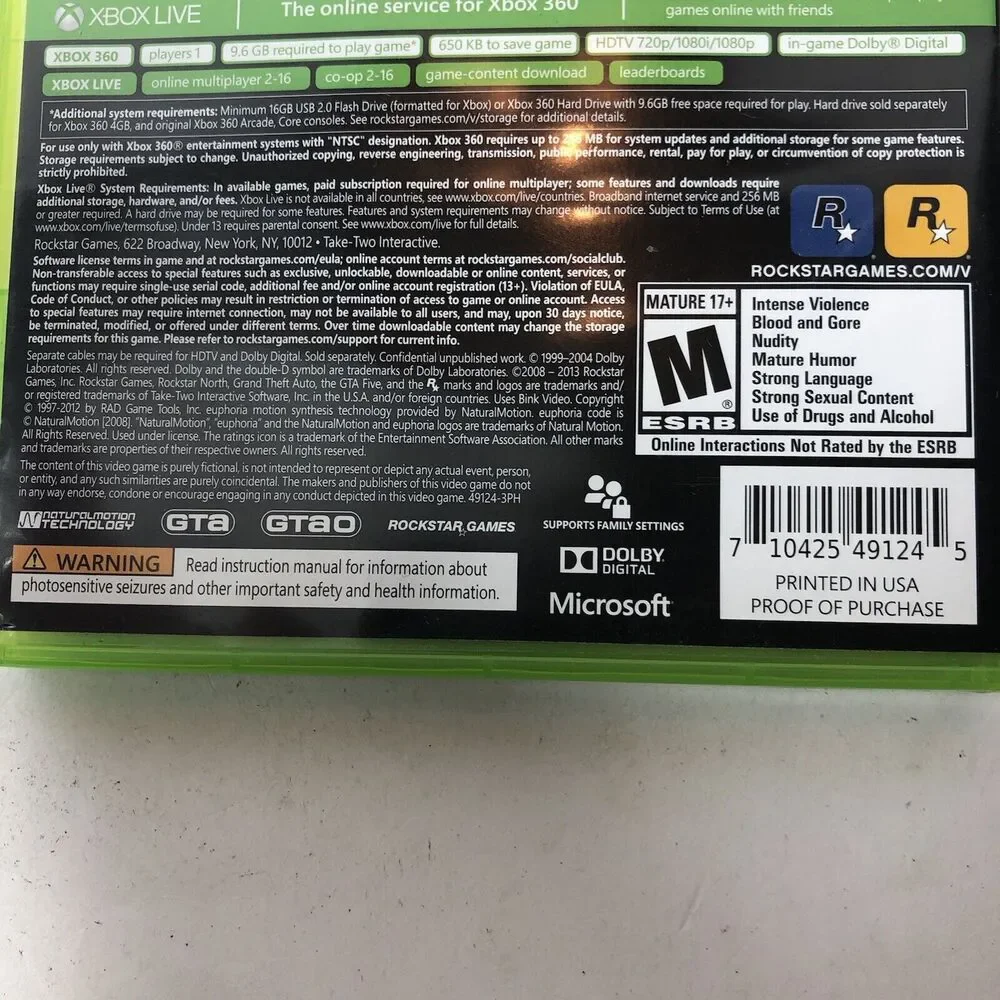 Microsoft‎ XBox 360 Game Grand Theft Auto V 2013 2 Discs Mature B4